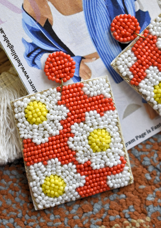 Daisy Pop Squares (Orange) - Handmade Beaded Earrings