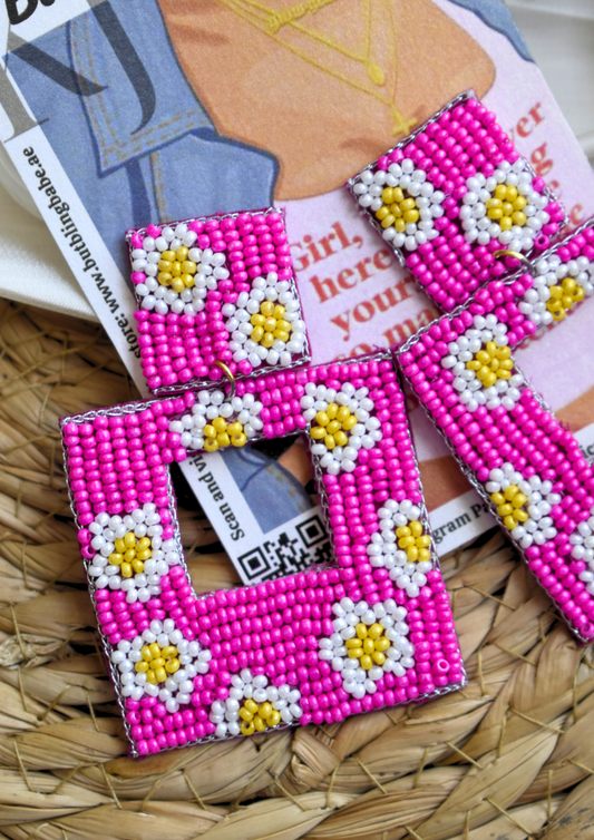 Daisy Pop Squares (Pink) - Handmade Beaded Earrings