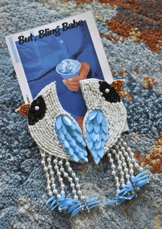 Frosted Blue Feather - Handmade Beaded Earrings