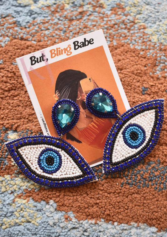Blue Pearl Evil Eye  - Handmade Beaded Earrings