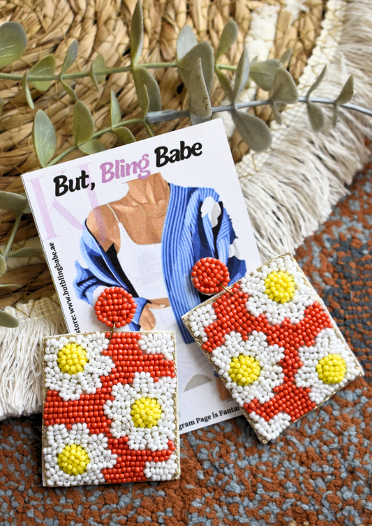 Daisy Pop Squares (Orange) - Handmade Beaded Earrings