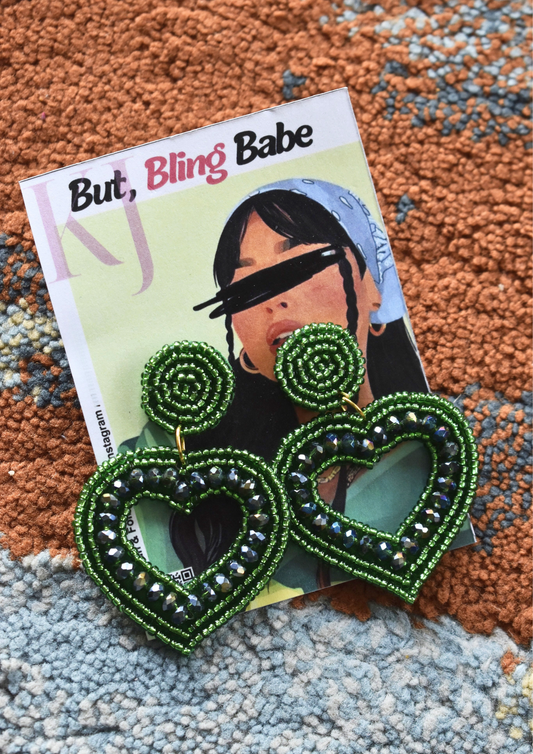Green Heart Shaped Stunners - Handmade Beaded Earrings