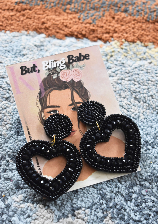 Black Heart Shaped Stunners - Handmade Beaded Earrings